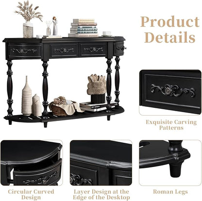 HMFULE Retro Curved Console Table, 52" Solid Wood Half Moon Console Table Sofa Table with 4 Drawers 1 Open Shelf for Living Room,Entryway,Hallway,Black