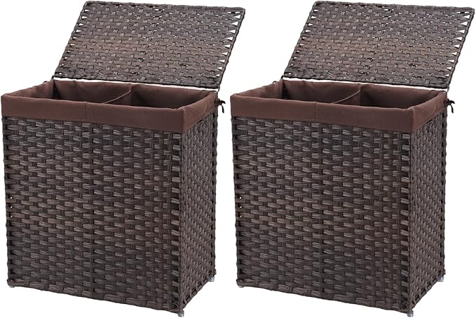 Mxfurhawa Slim Laundry Basket on Wheels, Heavy Duty Cotton Liner Laundry Storage Hamper with Handles, Collapsible Clothes Wire Basket Organizer Laundry Bag (2PCS-01B)