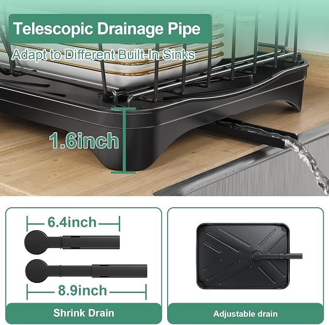 Dish Drying Rack, 2-Tier Large Dish Drying Rack for Kitchen Counter – Space Saving Dish Drainer Organizer with Utensil Holder and Cutlery Tray, Black