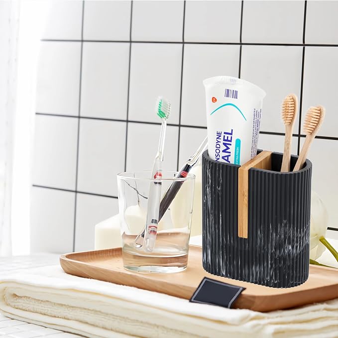 rejomiik Toothbrush Holders Electric Toothbrush Holder for Bathrooms, Bamboo Tooth Brushing and Toothpaste Storage Organizer for Sink, Countertop, Marble Black