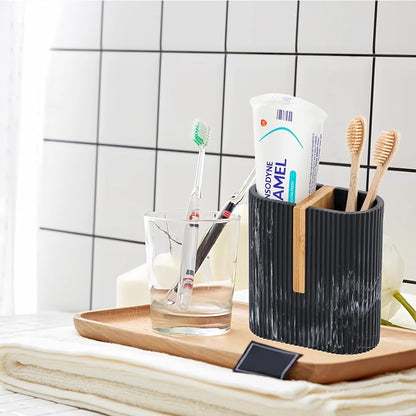 rejomiik Toothbrush Holders Electric Toothbrush Holder for Bathrooms, Bamboo Tooth Brushing and Toothpaste Storage Organizer for Sink, Countertop, Marble Black