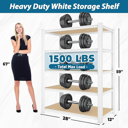 PrimeZone 28" W x 12" D x 59" H Closet Storage Shelves - 5 Tier White Metal Connector Shelving, Adjustable Heavy Duty Garage Shelves, Utility Rack Organizer Shelf for Kitchen Pantry Closet, 2 PCS