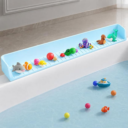Bathtub Splash Guard for tub Kids& Bath Shelf for Kids – Toddler Bath Tray, Bath Toys Storage & Ledge Organizer – Splash Guard for Bathtub with Suction Cups – Kids Bathroom Accessories(2.6FT, Blue)