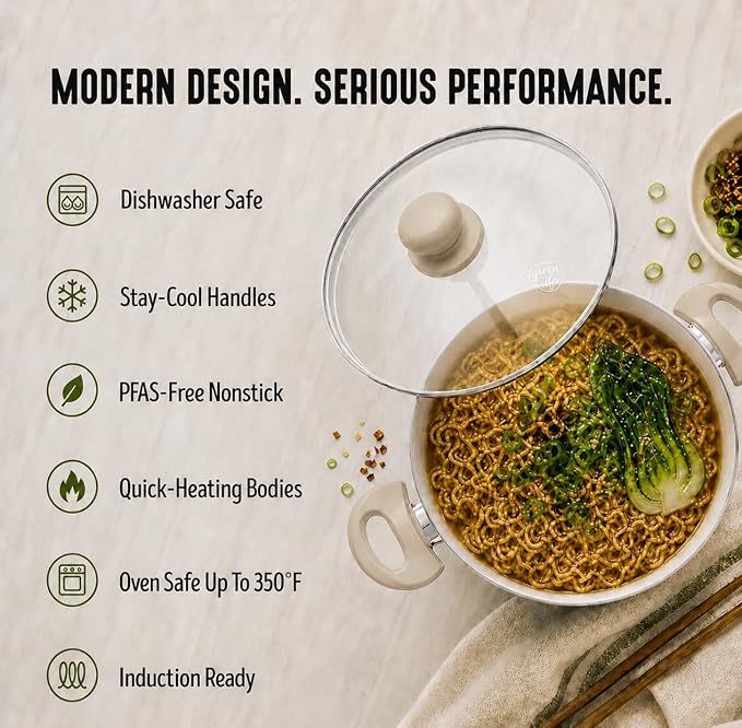 GreenLife 5 Quart Nonstick Stock Pot with Lid, Non-Toxic Ceramic Pot, Dishwasher Safe, Induction Ready, Fast Heating, Stay-Cool Handles, Kitchen Casserole, Soup, Pasta, Easy Clean, Beige Taupe