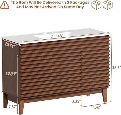 ROOMTEC 48" Bathroom Vanity with Sink, Mid-Century Freestanding Bathroom Vanity Sink with Storage, Undermount Ceramic Sink, Cabinet Particleboard Frame with Wood Grain Laminate, Walnut
