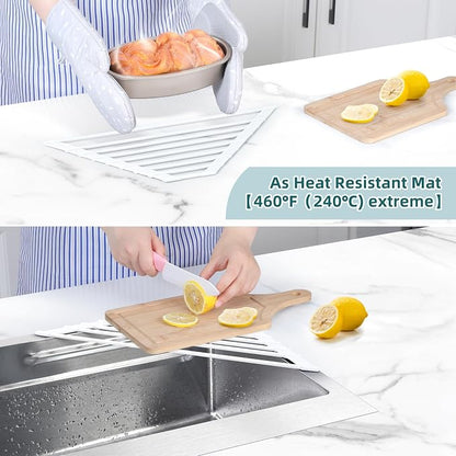 Ohuhu Corner Sink Strainer, Sponge Holder for Kitchen Sink Organizer - Silicone Wrapped Steel Anti Slip Rust Triangle Over the Sink Roll-UP Dish Drying Rack Caddy Kitchen Sink Accessories