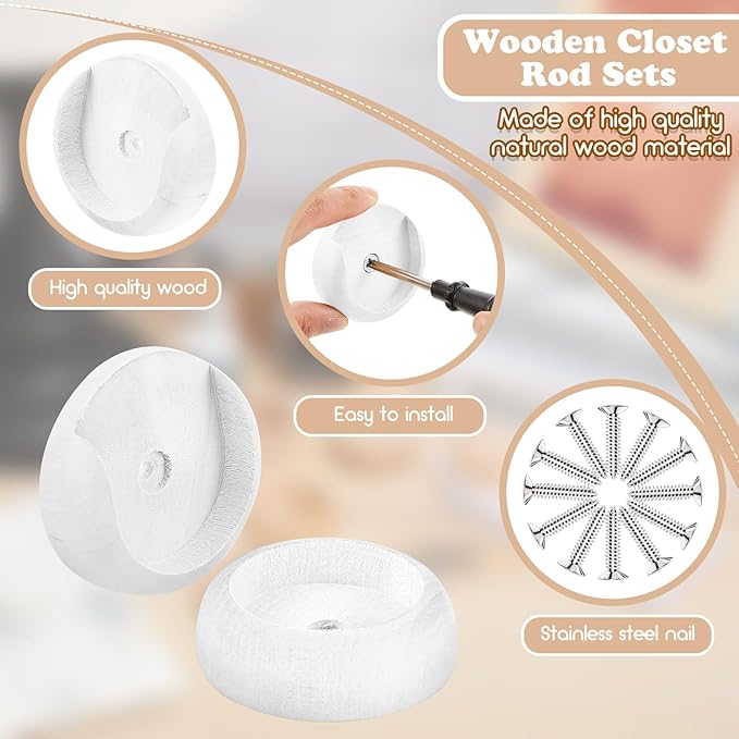 Yookeer 4 Pack Wooden Closet Pole Sockets 1-3/8" Closet Rod Holders Pole Holders for Wardrobe Hallway Bathroom Curtain Clothing Store(White)