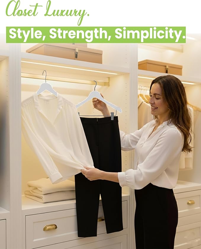 Wooden Hangers with Clips for Women, Solid Wood Skirt & Suit Hangers, Heavy-Duty Adjustable Non-Slip Design with Velvet Grip, White with White Velvet, 6 pcs