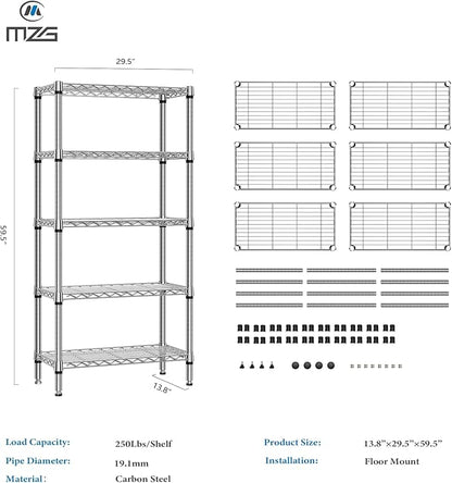 M MZG 1250 lbs 5 Tier Shelf Metal Storage Shelves Shelving Wire Rack Heavy Duty Closet Organizers for Garage Kitchen Bathroom Laundry Chrome 13.8" D x 29.5" W x 59.5" H