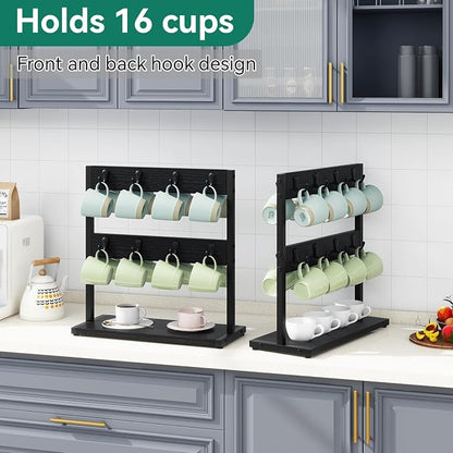 IBUYKE Wood Coffee Mug Holder for Countertop,16 Hook Mug Tree Holder Rack with Storage Base,Mug Display Organizer,Mug Holders for Home Kitchen,Black UTBJ001B