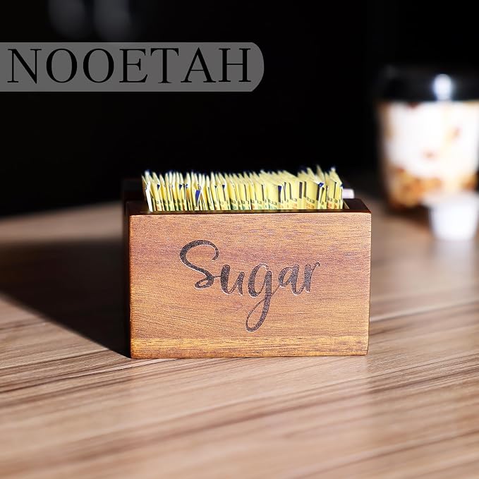 Acacia Sugar Packet Caddy for Coffee Bar, Farmhouse Wood Sugar Holder Packets , Sugar Packet Container, Small Tea Bag Organizer for Office Table,Hotel, Restaurant, Brown Labeled Sugar