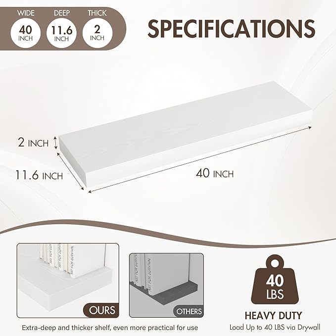 Acovy 40 Inch Floating Shelves, 12" Deep Floating Shelf Wall Mounted, 40" Wall Shelves, Rustic Deep Bookshelf, Extra Deeper & Thicker Display Shelves for Bedroom, Living Room, White, Set of 2