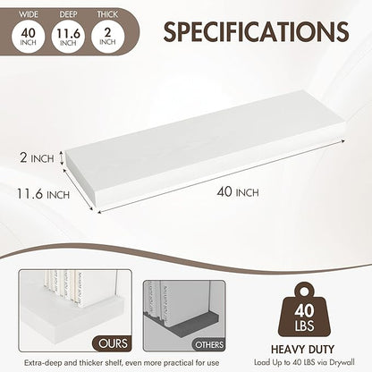 Acovy 40 Inch Floating Shelves, 12" Deep Floating Shelf Wall Mounted, 40" Wall Shelves, Rustic Deep Bookshelf, Extra Deeper & Thicker Display Shelves for Bedroom, Living Room, White, Set of 2