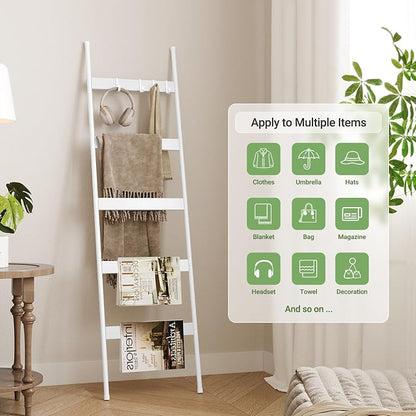 ELYKEN Blanket Ladder for Living Room, Farmhouse 5-Tier Quilt Holder with 4 Removable Hooks for Bathroom, Wood Towel Rack Display, Wall Anchor Leaning Decorative Stand for Home, White
