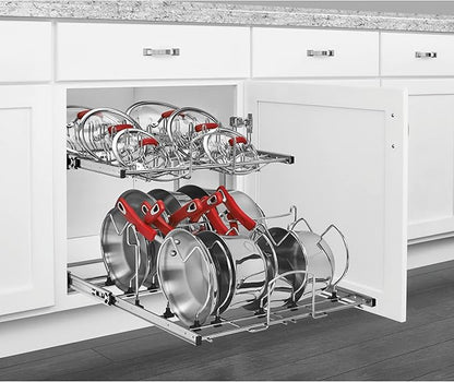 Rev-A-Shelf 2-Tier Kitchen Cabinet Pullout, Cabinet Organizer for Pots, Pans, and Lid Cookware, Adjustable Heavy Duty Wire, Chrome, Min Opening Width of 20.5", 5CW2-2122-C