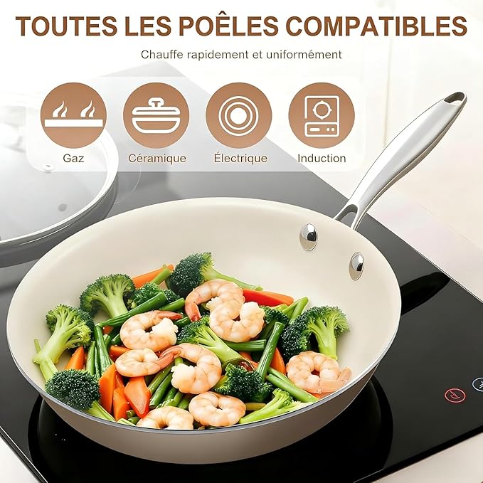 9.25 Inch Ceramic Nonstick Frying Pan with lid Skillet - PFAS-Free, Non-Toxic, Oven Safe & Induction Ready, Aluminum Cookware with Stainless Steel Handle
