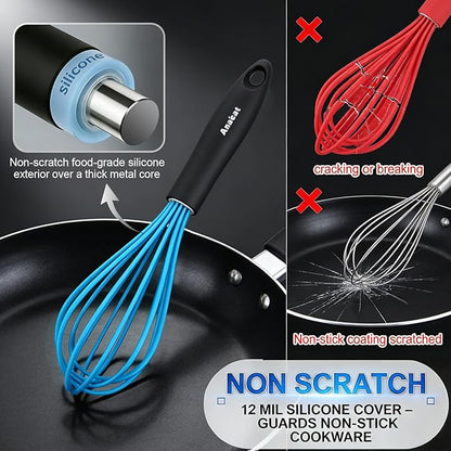 Anaeat Silicone Kitchen Whisk Set of 4, Perfect for Non-Stick Cookware, Milk and Egg Beater Blender for Whisking, Cooking, Baking, Beating - 11'' Flat Whisk and 9''+11''+12'' Balloon Whisks (Blue)