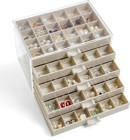 YUFONG Earring Storage Box Organizer, Acrylic Jewelry Storage Box Holder 5 Drawers Transparent Jewelry Display Stand with 120 Small Compartments Gift Boxes for Women Girls (Beige)