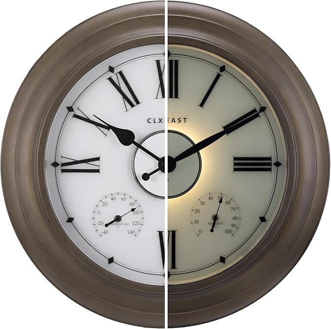CLXEAST Illuminated Outdoor Clocks Waterproof 24 Inch with Smart Sensor, Large Metal Wall Clocks with Temperature and Humidity for Living Room Decor,Garden Patio,Grey Oak/Faux Barnwood Finish
