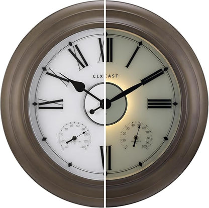 CLXEAST Illuminated Outdoor Clocks Waterproof 24 Inch with Smart Sensor, Large Metal Wall Clocks with Temperature and Humidity for Living Room Decor,Garden Patio,Grey Oak/Faux Barnwood Finish