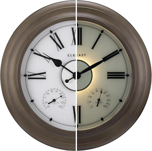 CLXEAST Illuminated Outdoor Clocks Waterproof 24 Inch with Smart Sensor, Large Metal Wall Clocks with Temperature and Humidity for Living Room Decor,Garden Patio,Grey Oak/Faux Barnwood Finish