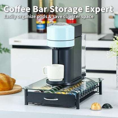 FlagShip Vertuo Pod Holder with Tempered Glass Top,Compatible for Nespresso VertuoLine Pods,Holds up to 40 Big Vertuo Pods,Smooth Pull-Out Design,Fits Under Coffee Makers (12.1''W x 16''D x 3.6''H)