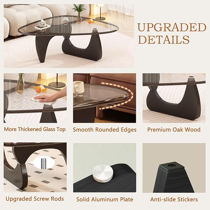 Coffee Table for Living Room Mid Century Modern Center Small Table with Glass Top and Wood, Black Transparent(32 Inch)