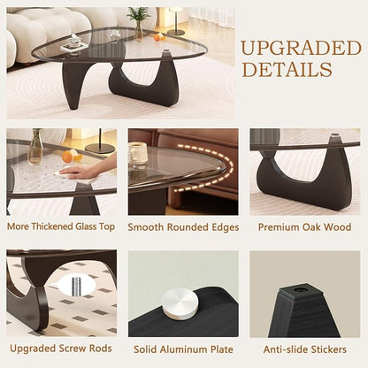 Coffee Table for Living Room Mid Century Modern Center Small Table with Glass Top and Wood, Black Transparent(45 Inch)