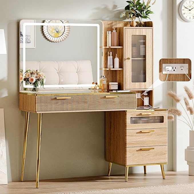Vanity Desk with 29.53" HD Lighted Mirror, 47.24" Big Modern Vanity Desk with Mirror and Lights, Makeup Vanity with 5 Drawers and Storage Shelves and Charging Station, Oak2