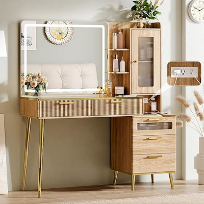 Vanity Desk with 29.53" HD Lighted Mirror, 47.24" Big Modern Vanity Desk with Mirror and Lights, Makeup Vanity with 5 Drawers and Storage Shelves and Charging Station, Oak2