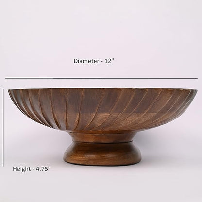 EDHAS Mango Wood Decorative Wooden Bowl Hand Carved Home Decor for Dining Table Center, Living Room, Kitchen Décor (12" x 12' x 4.75")