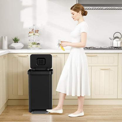 Arlopu 50L/13.2Gal Stainless Steel Trash Can W/15 Inner Bags & Rear Trash Bag Storage Compartment, Kitchen Step Trash Can with Lid & Built-in Deodorizer Box, Garbage Bin W/Foot Pedal (Black)