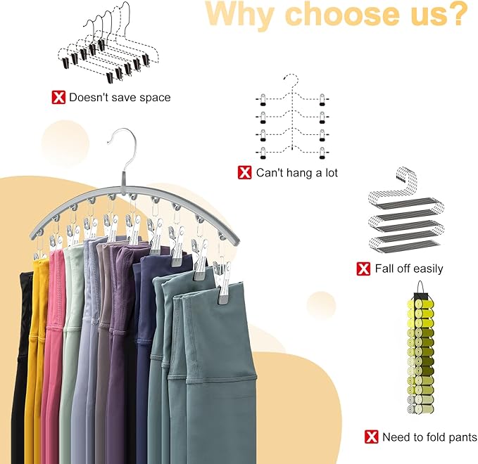 Volnamal Legging Organizer for Closet, Metal Yoga Pants Hanger w/Rubber Coated 4 Pack w/10 Clips Hold 40 Leggings, Hangers Space Saving Hanging for Closet Organizers and Storage-Gray