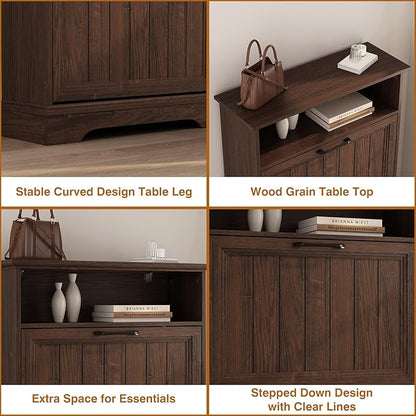 Shoe Storage Cabinet with 2 Flip Drawers, 24" W Farmhouse Modern Hidden Shoes Rack Cabinet with Adjustable Shelves & Open Storage, Narrow Slim Shoe Organizer for Front Door Entrance, Entryway, Walnut