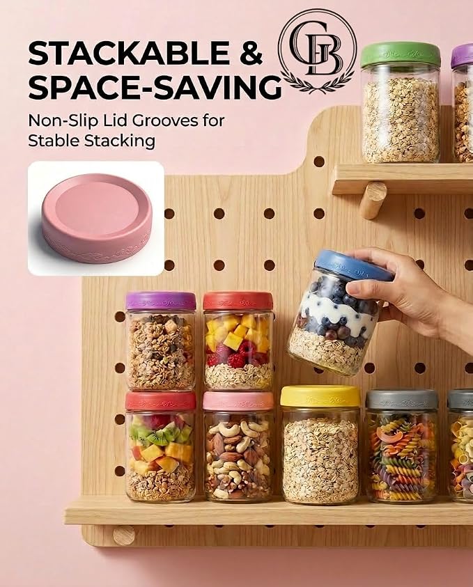 16 OZ 4Pack, Overnight Oats Jars with Lids, Glass Meal Prep Containers, Airtight Mason Jars for Breakfast, Yogurt Parfait, Salad & Smoothies, Leakproof and Reusable Food Storage Jars(4-2)