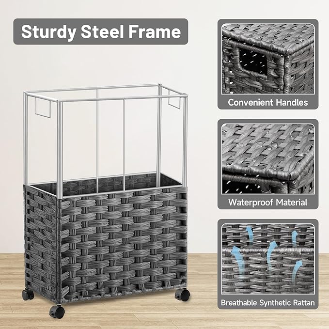 Toilet Paper Storage Basket with Lid and Wheels, Rattan Toilet Paper Holder Storage, Toilet Paper Organizer for Bathroom, Bedroom, Kitchen, 12.6”L x 7.1”W x 17.14”H, Grey