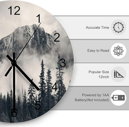 Scenic Nature Wall Clock Silent Non Ticking Battery Operated, Mountain Misty Forest Tree Scenery Foggy Woodland Landscape Clock Decorative for Bathroom Kitchen Bedroom Living Room(12 Inch)