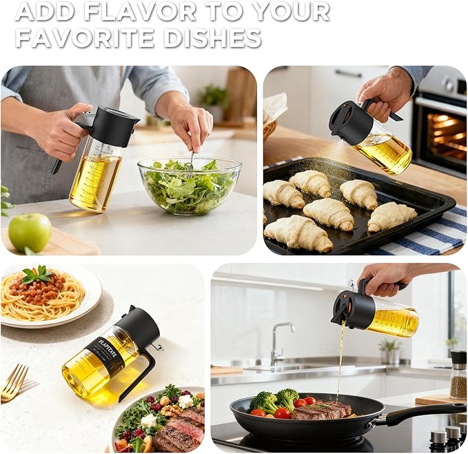 2Pcs 17oz Premium Olive Oil Sprayer for Cooking, 2 in 1 Glass Olive Oil Dispenser Bottle for Kitchen Gadgets, Spray Bottle with Portion Control for Salad, Frying, BBQ (Black & Gray)
