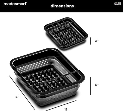 madesmart Collapsible Dish Rack, Foldable Dish Drying Station for Plates, Bowls, Cups & Utensils, Integrated Draining Board, Non Slip Base, Durable & Easy-Clean Kitchen Drying Organizer, Carbon