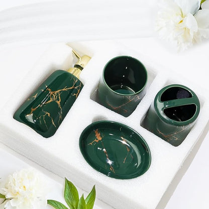 CERBIOR Bathroom Accessories Set,4 Pcs Ceramic Bathroom Decor Accessory,Includes Toothbrush Holder, Toothbrush Cup, Soap Dish for Decorative Countertop and Housewarming Gift(Green 4pcs)