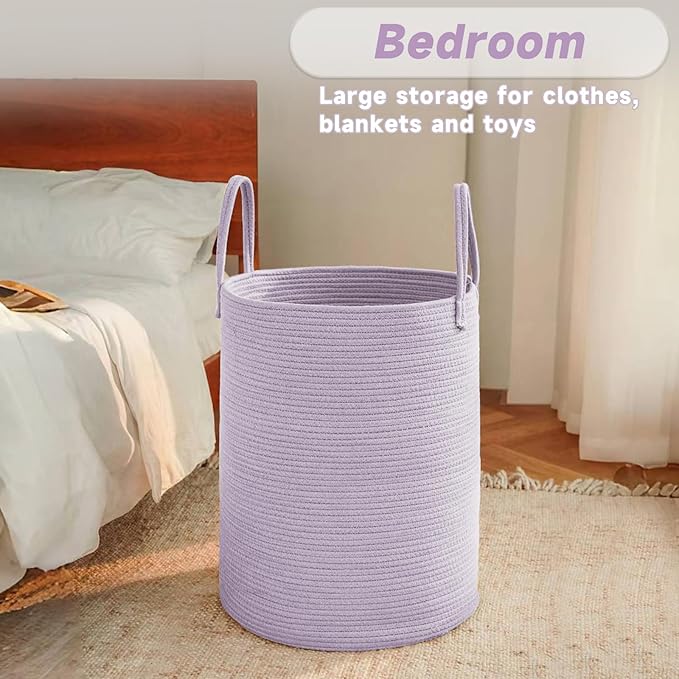 JMvicyroam Large Woven Laundry Basket Hamper,100L Cotton Rope Storage Bin for Blankets,Toys and Clothes,Decorative Tall Nursery Hamper for Living Room,Baby Nursery,Bathroom and Bedroom,Purple