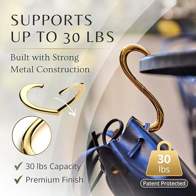 FafaConcepts 22K Gold Purse Hook Hanger, Heart Shape Charm – Ultra-Lightweight, Heavy duty S Hook for Cafe, Work & Travel | Holds Up to 30 lbs | Christmas Gift, Bag Holder, Stocking Stuffers for Women