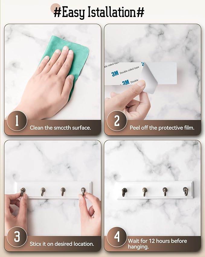 Key Holder for Wall Adhesive, No Damage Small Key Rack with 4 Hooks for Camper, RV or Office, Wooden