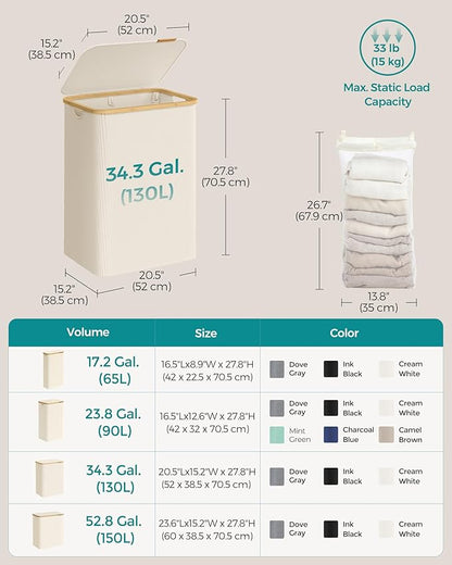 SONGMICS Laundry Hamper with Lid, 2-Section Large Laundry Basket, 34.3-gallon (130L), Removable Mesh Liner, Bamboo Handles, Collapsible, 20.5 x 15.2 x 27.8 Inches, Cream White ULCB513W01