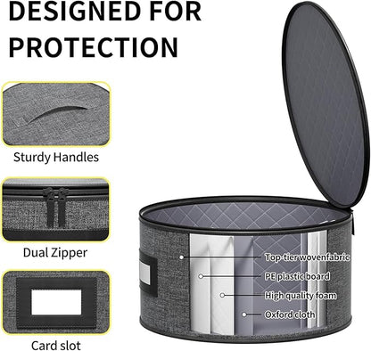 Aokeyee 4-Piece Plate Storage Box, Hard Shell Storage Containers with 48 Soft Dividers for Saucer, Dessert, Salad & Dinner Plates, Sturdy Quilted Stackable Dish Organizer for Moving & Protection, Grey