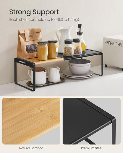 SONGMICS HOME Spice Racks, Expandable Cupboard Shelf Orgnizers, Kitchen Counter Shelves, Bamboo and Metal, Space-Saving Shelving, Stackable, Light Bamboo and Ink Black UKCS051B01