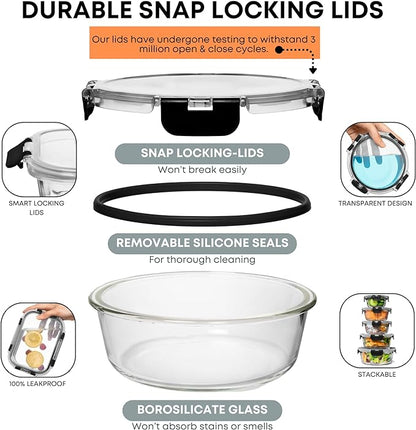 Razab 30 PC Glass Food Storage Containers with Lids - Reusable Glass Meal Prep Containers for Lunch and Leftovers - Airtight & Leakproof Snap Locking Lids - Oven, Freezer, Microwave, Dishwasher Safe