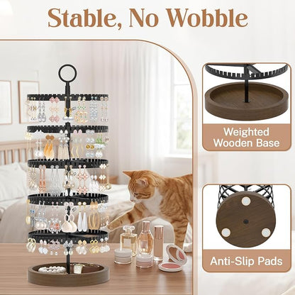 iDavosic.ly 5 Tier Rotating Earring Holder Organizer with Wooden Tray, Large Dangle Display Stands Tree with 285 Plastic Grooves, Adjustable Hoop Storage Rack, Space Saving Tower, Black & Brown