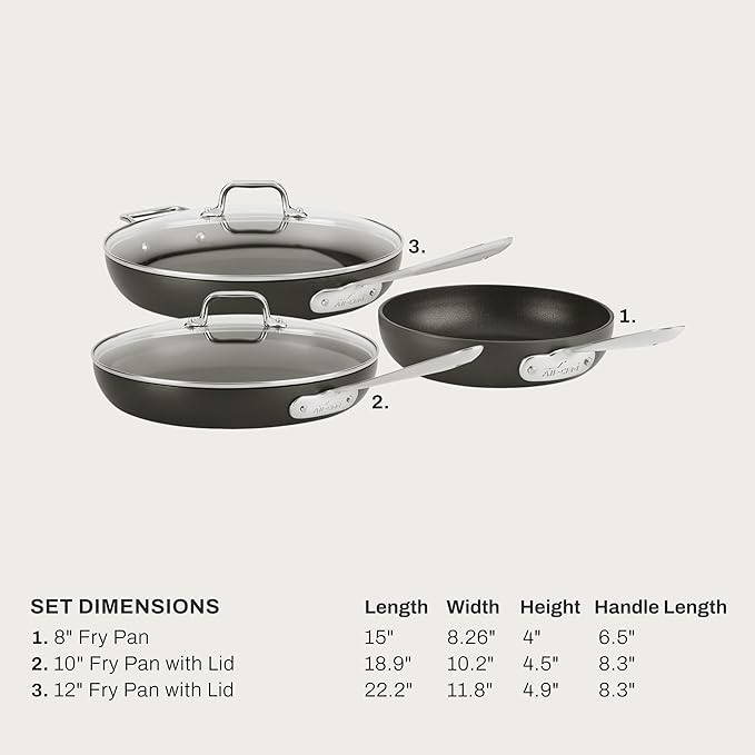 All-Clad HA1 Hard Anodized Nonstick Fry Pan Set – 5-Piece Cookware, 8", 10", 12" Skillets with Lid, Induction Compatible, Oven Safe to 500°F, Lid Safe to 350°F, Black