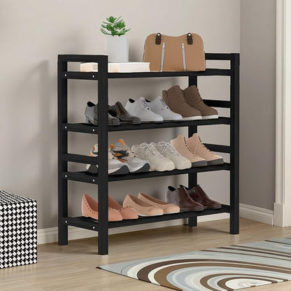 Haddockway Bamboo Shoe Rack for Closet, Free Standing Shoe Organizer with Smooth Round Rods & Convenient Handles, Stackable Shoe Storage Shelf for Entryway, Hallway(Black, 4-Tier(Small))
